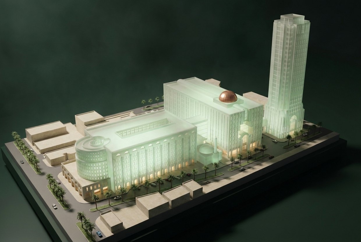 Architectural model of a mall complex with office tower
