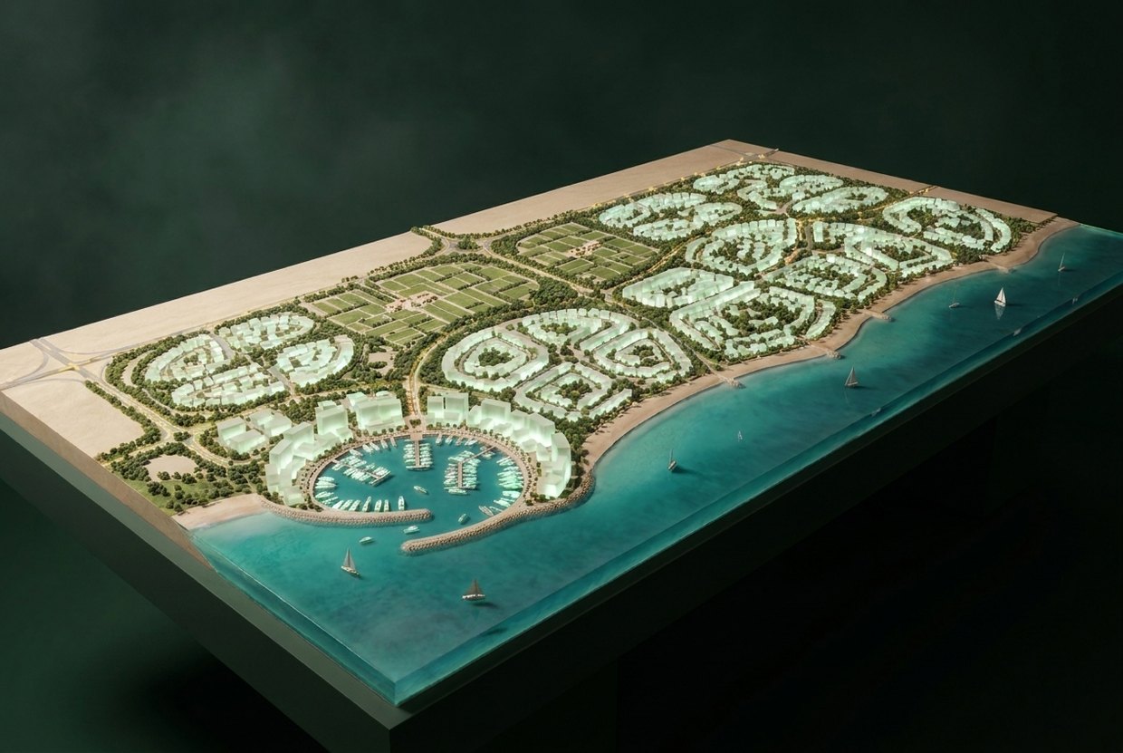 Architectural model of a coastal masterplan with marina